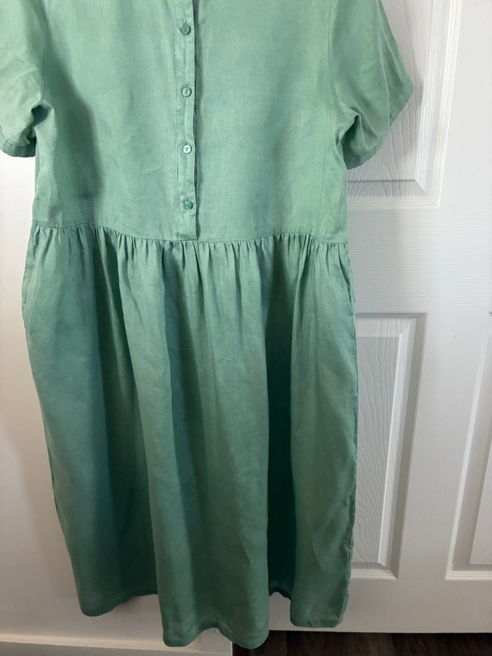 Seafoam Green Short-Sleeve Button-Front linen Dress